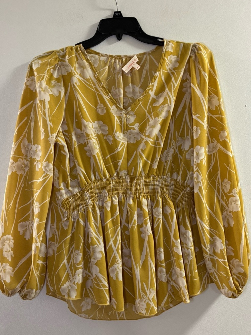 Mustard Floral V-Neck Smocked Waist Blouse‎ - Women